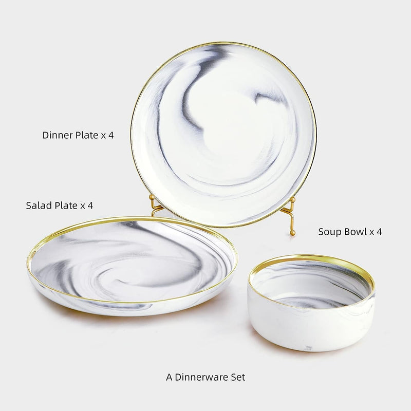 Dinnerware Sets, Marble Gold Line Plates and Bowls Sets Stoneware Dishes Set for 4, 12 Piece White Grey Marble Porcelain round Dinner Dish Sets