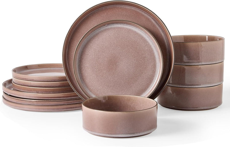 Ceramic Dinnerware Sets Milkyway Brown Plates and Bowls Set 12 Pieces Brown Dinner Set,Plates Pasta Bowls Soup Bowls Reactive Change Glaze Dish Sets,Modern Stoneware Dishes,Gift.