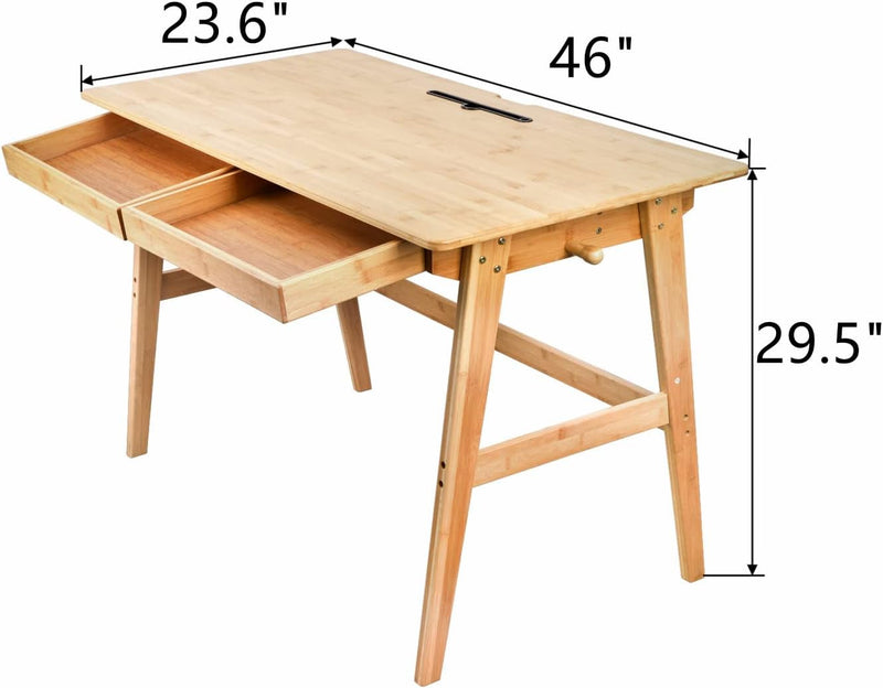 Dicunoy Computer Desk with 2 Drawers, 46" Solid Bamboo Home Office Writing Desk for Small Space, Compact Simple Tables with Gap Design and Hook for PC, Laptop, Students, Study, Makeup, Bedroom