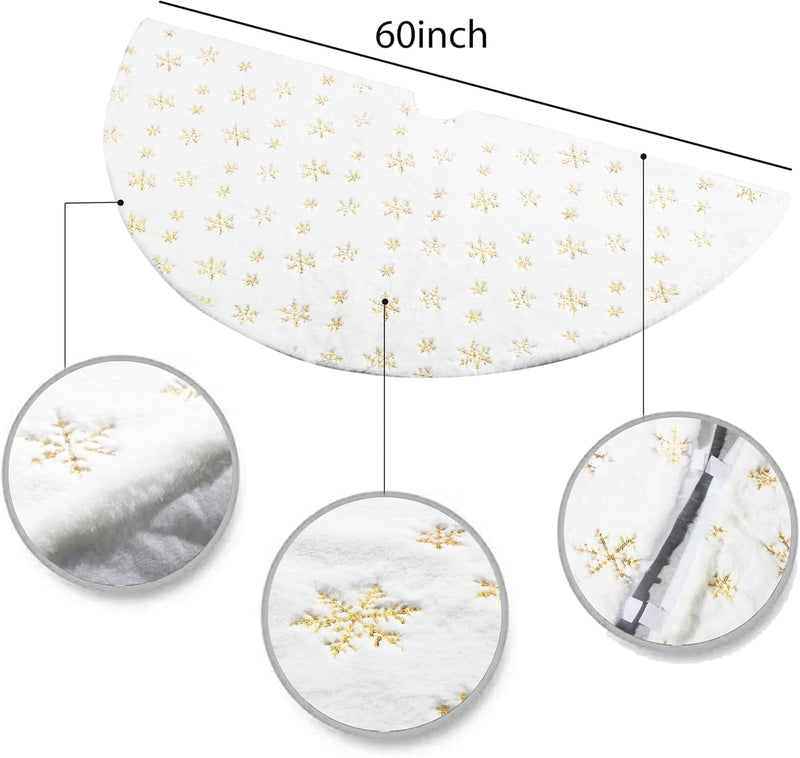 60 Inch Large Christmas Tree Skirt Snow White Soft Faux Fur Skirt with Golden Sequin Snow Flakes Xmas Holiday Home Party Decorations