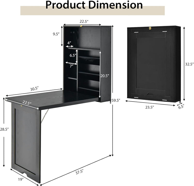 Folding Wall Mounted Desk, Fold down Desk with Storage Shelves, Wood Convertible Desk for Small Spaces, Murphy Desk Wall Mount, Floating Desk for Home Office (Black)