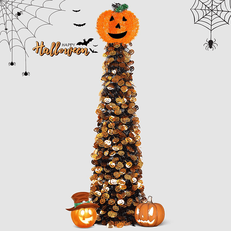 Ceephouge 5ft Collapsible Halloween Christmas Tree, Pop Up Tinsel Pencil Xmas Tree with Pumpkin Sequins for Holiday Decorations Indoor Outdoor, Easy Setup Artificial Christmas Tree (Black-Pumpkin) Home & Garden > Decor > Seasonal & Holiday Decorations > Christmas Tree Stands Ceephouge Black-pumpkin  