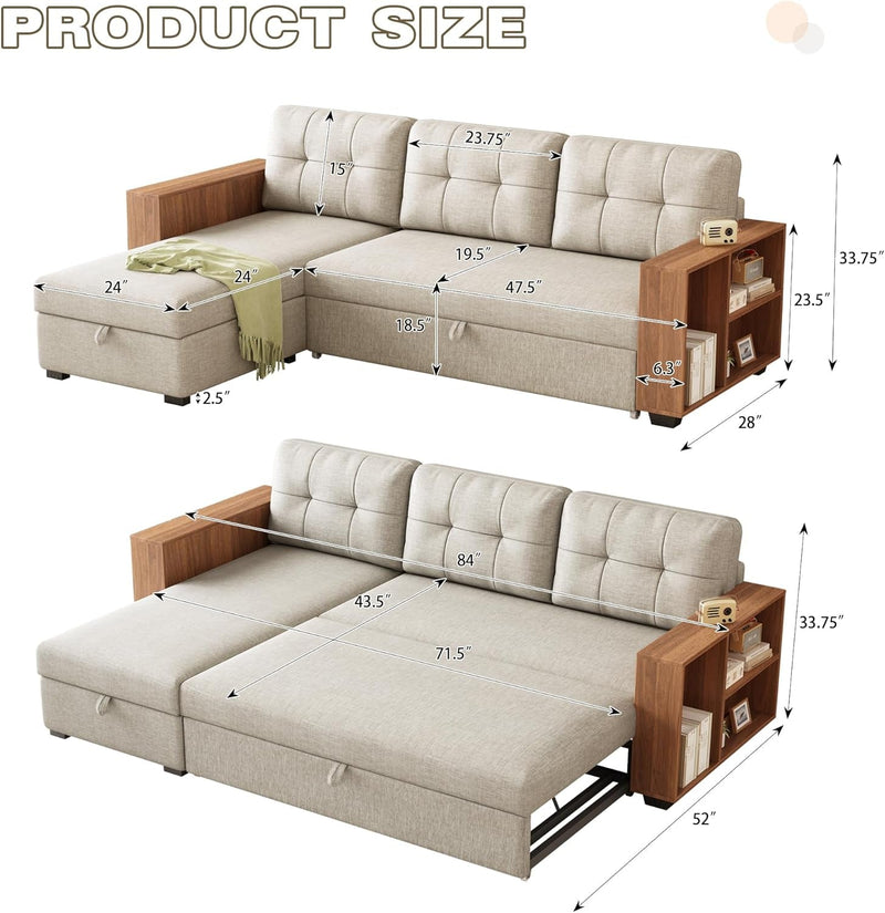 Ball & Cast 84" Sectional Sleeper Sofa Chaise,L Shaped Pull Out Couch Bed,Wooden Storage Handrail,For Apartments, Living Room and Office, Beige