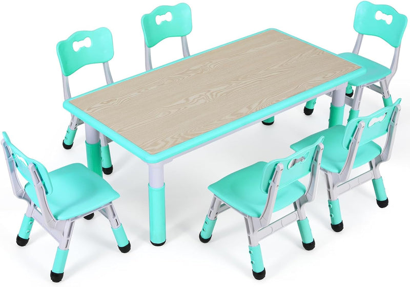 Arlopu Kids Study Table and 6 Chairs Set, Height Adjustable Graffiti Table, Preschool Activity Art Craft Table for 6, Multifunctional Toddler Table, Reading, Drawing, Eating Interaction (Gray)