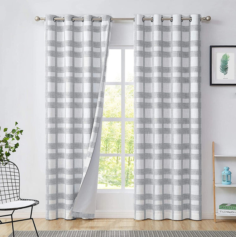 Central Park White Grey Plaid Blackout Window Curtain Buffalo Check Geometric Panel for Bedroom Living Room Grommet Top Rustic Farmhouse Room Darkening Thermal Insulated Drape, 50"X63"X2, Light Grey Home & Garden > Decor > Window Treatments > Curtains & Drapes Central Park   