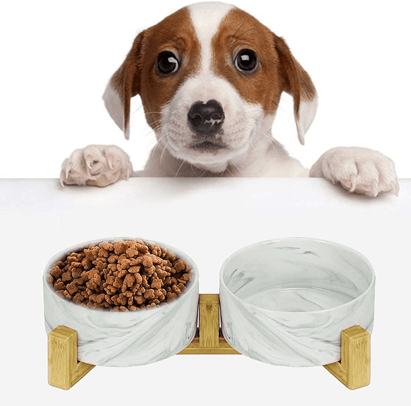 Ceramic Round Dog Cat Bowl - Durable Ceramic Food Water Elevated Dish for Pet,with Wood Stand,28 Ounces (Marblex 2)
