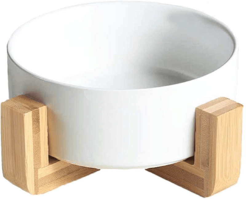 Ceramic Round Dog Cat Bowl - Durable Ceramic Food Water Elevated Dish for Pet,with Wood Stand,28 Ounces (Marblex 2) Animals & Pet Supplies > Pet Supplies > Cat Supplies QFULL White  