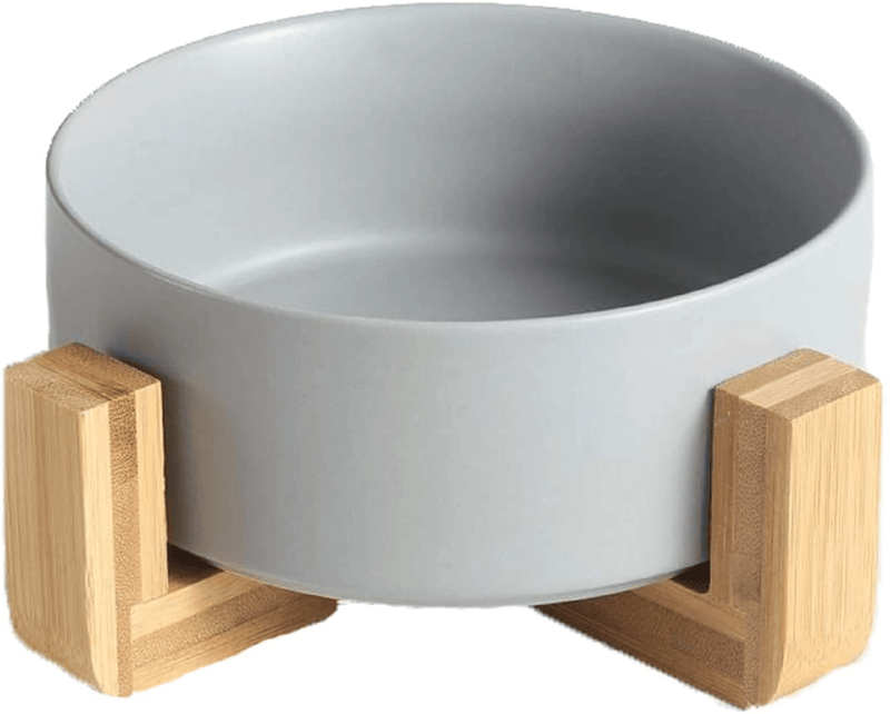 Ceramic Round Dog Cat Bowl - Durable Ceramic Food Water Elevated Dish for Pet,with Wood Stand,28 Ounces (Marblex 2)