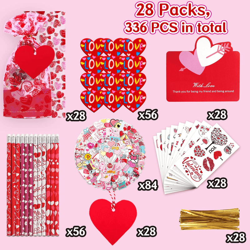 Cerlaza 28 Packs Valentines Day Gifts for Kids Classroom, Valentine Stationery Kit for School, 336 Pcs Bulk Pack Valentine Classroom Exchange for Party Favors Toys with Pencil Cards Sticker Erasers Home & Garden > Decor > Seasonal & Holiday Decorations Cerlaza   