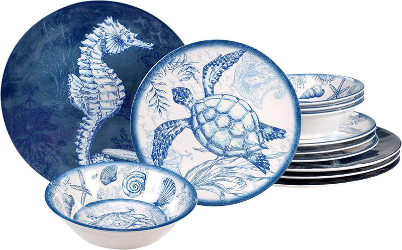 Certified International Oceanic 12 Piece Melamine Dinnerware Set, Service for 4, Multi Colored