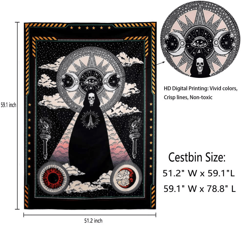 Cestbin Wizard Skull Tapestry Wall Hanging, Sun and Moon Tapestry Stars and Cloud Tapestry, black Chakra Tapestry, Solar Gothic Tarot Tapestry for Dorm Bedroom (Wizard Skull, 59.1" x 78.8") Home & Garden > Decor > Artwork > Decorative TapestriesHome & Garden > Decor > Artwork > Decorative Tapestries Cestbin   