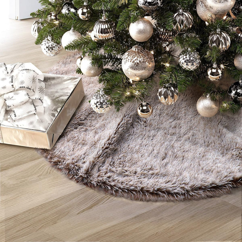 GMOEGEFT Christmas Tree Skirt 24 Inches Brown Plush Faux Fur for Slim Pencil Tree Xmas Holiday Decorations Ornaments