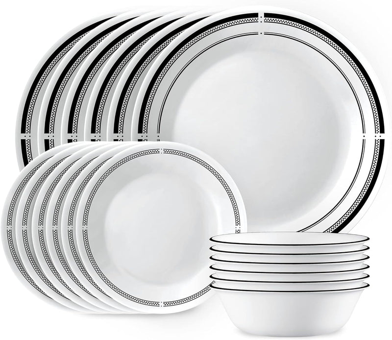 Corelle Vitrelle 18-Piece Service for 6 Dinnerware Set, Triple Layer Glass and Chip Resistant, Lightweight round Plates and Bowls Set, Winter Frost White