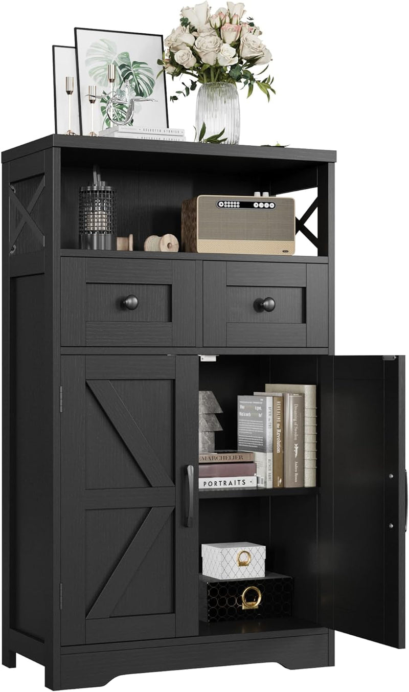Black Storage Cabinet with Drawers and Shelves, Freestanding Black Kitchen Pantry Storage Cabinet, Floor Storage Cabinet Hutch Cupboard Black for Dining/Living Room/Home Office