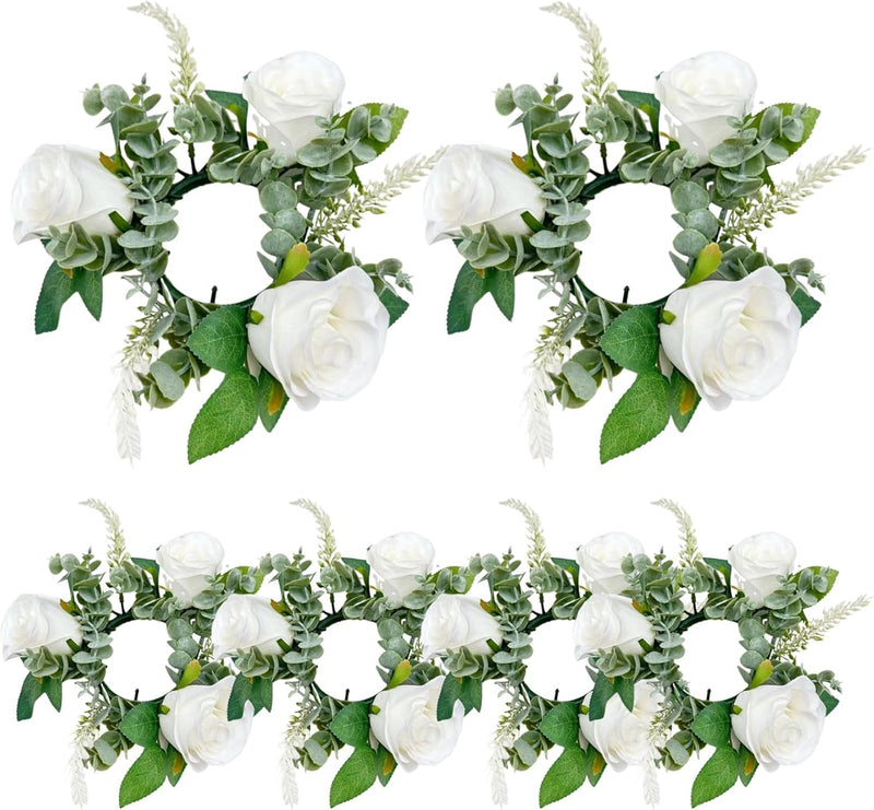 Candle Wreaths Rings 6PCS 7.9 Inch Artificial Rose Floral Candle Rings for Pillars Small Flower Wreath Candle Holder Wedding Centerpieces for Dining Table Decor White, Candle Rings Wreaths