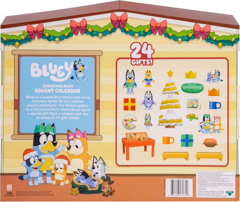 Bluey'S Christmas Swim Advent Calendar, This Very Festive Bluey Surprise Pack Has 24 Surprises behind 24 Different Windows, Includes 3 Christmas Swim Figures, 18 Accessories and 3 Stickers to Reveal