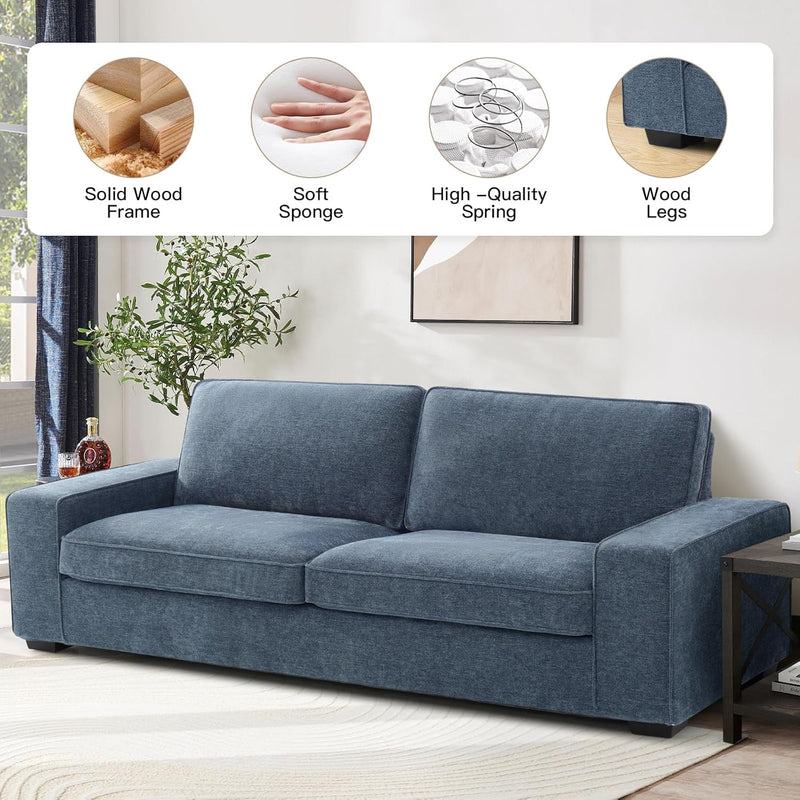 EASELAND Sofa Couch, 88" Chenille Loveseat for Living Room, 3 Seater Lounge Sofa for Bedroom with Removable Back and Seat Cushions, Modern Deep Seat Comfy Couch with Solid Wood Legs and Armrest (Blue)