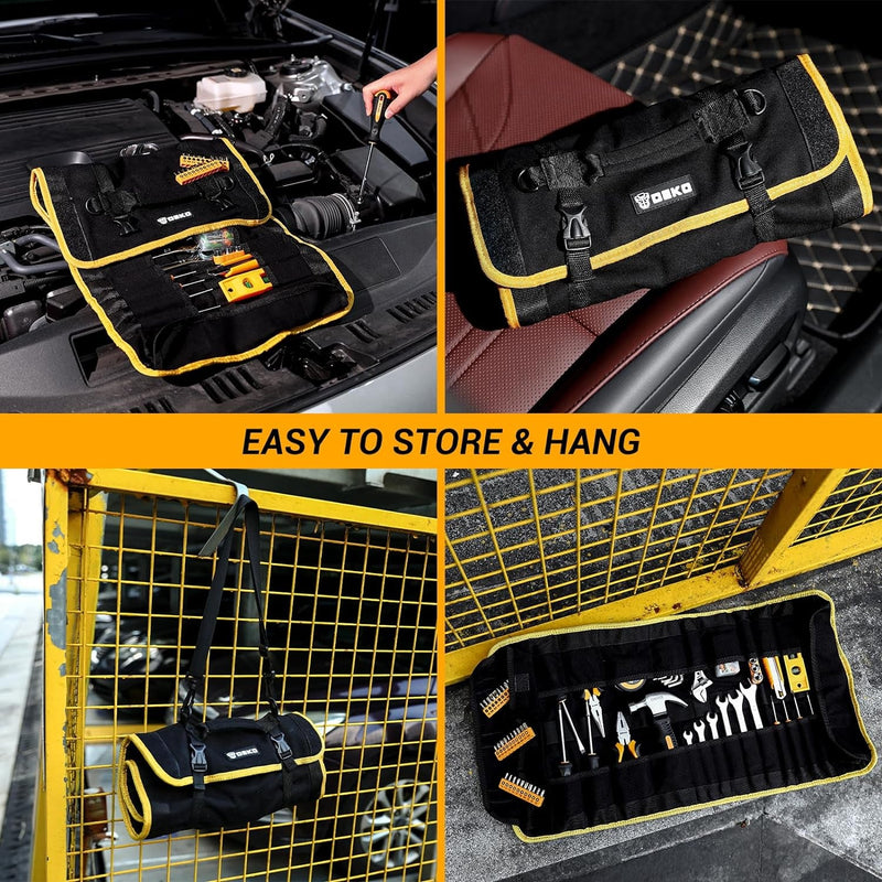 DEKOPRO Tool Roll Bag with Tool Set: Small Tool Roll Organizer Pouch Pocket Bag with Tool Kit Gifts for Men Heavy Duty Tool Storage Bags Pouches Mechanic, Electrician Tools