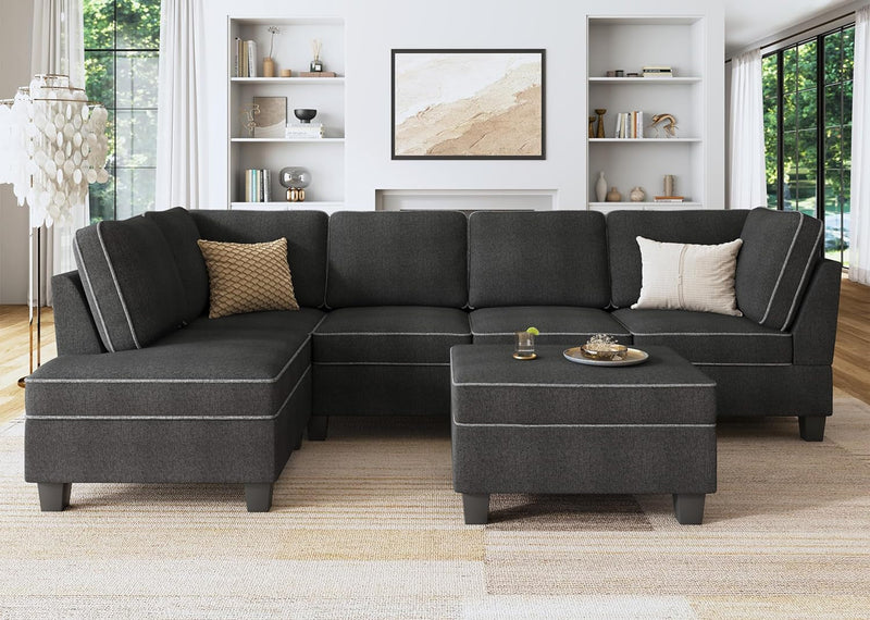 HONBAY Convertible Sectional Sofa with Storage, L Shape Couch with Ottoman, Reversible Sectional Couch for Living Room, Dark Grey