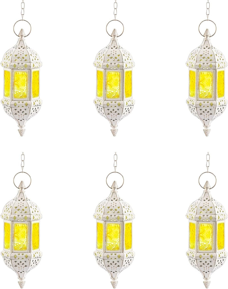 2 Pcs Hanging Hexagon Decorative Moroccan Candle Lantern Holders, Handmade Hanging Tea Light Holder in Bronze Metal & Red & Purple Glass Gift & Decor Items