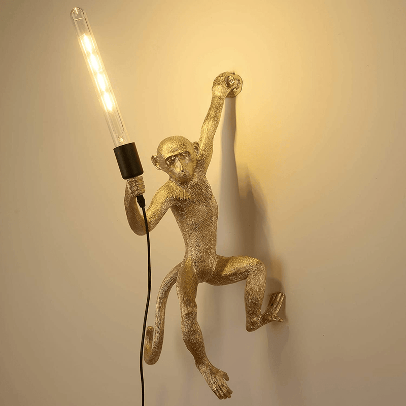 CHABEI Industrial Wall Lighting Fixture Vintage Resin Monkey Light Wall Lamp for Living Room Children'S Kid'S Bedroom Club Decoration (Gold)