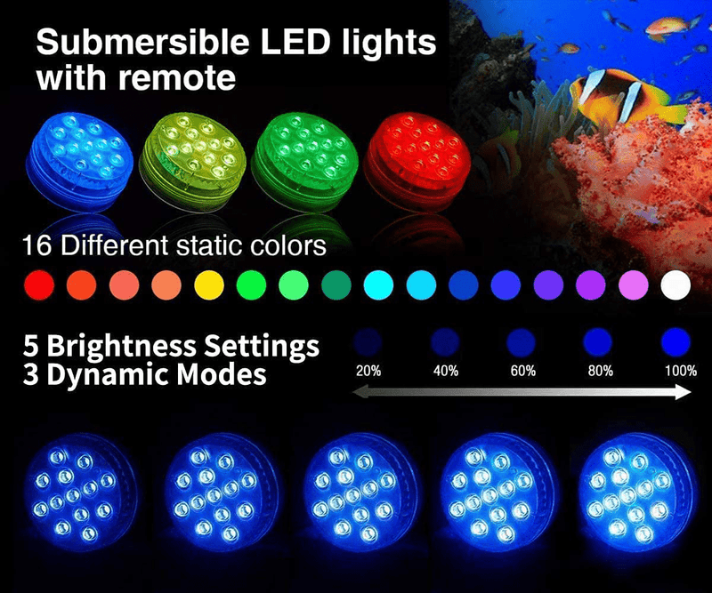 Chakev Submersible LED Pool Lights, 16 Colors Underwater Pond Lights with Remote, Waterproof Bathtub Shower Lights Hot Tub Light with Magnets Suction Cup for Pool Fountain Fish Tank Vase Garden 8 Pack
