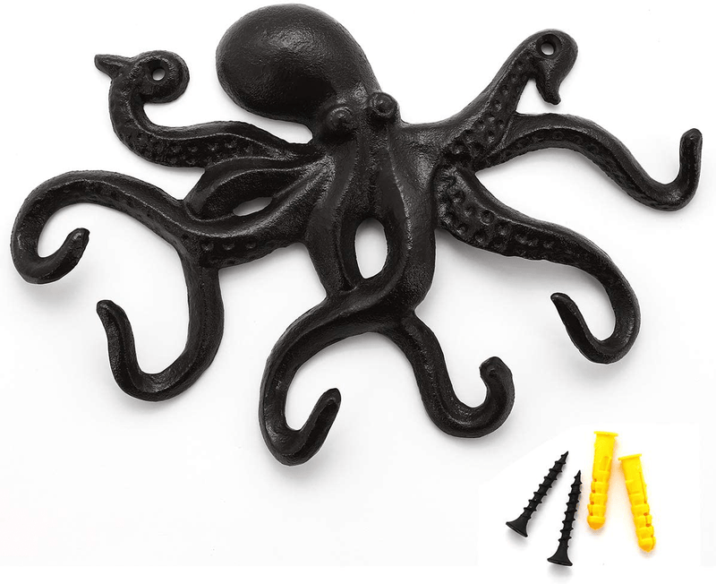 ChasBete Key Hooks for Wall, Octopus Decor Key Holder, Rustic Heavy Duty Towel Hooks for Bathrooms with 6 Tentacles, 10 in - Brown Home & Garden > Decor > Seasonal & Holiday Decorations ChasBete Black  