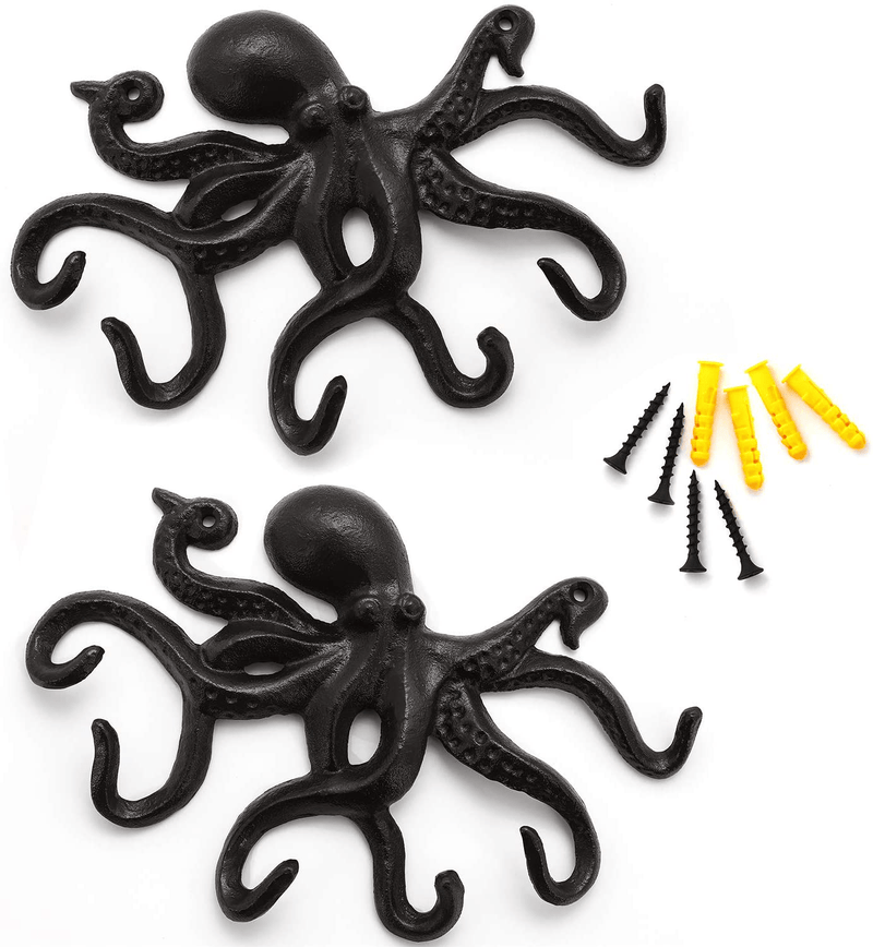 ChasBete Key Hooks for Wall, Octopus Decor Key Holder, Rustic Heavy Duty Towel Hooks for Bathrooms with 6 Tentacles, 10 in - Brown Home & Garden > Decor > Seasonal & Holiday Decorations ChasBete Black 2Pack  