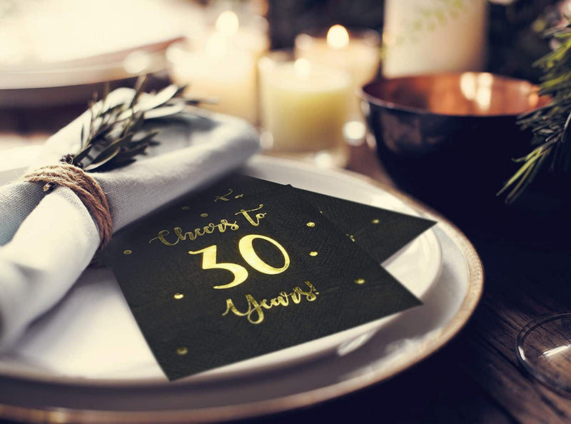 Cheers to 30 Years Cocktail Napkins | Happy 30Th Birthday Decorations for Men and Women and Wedding Anniversary Party Decorations | 50-Pack 3-Ply Napkins | 5 X 5 Inch Folded (Black) Home & Garden > Kitchen & Dining > Barware Happy Palace   