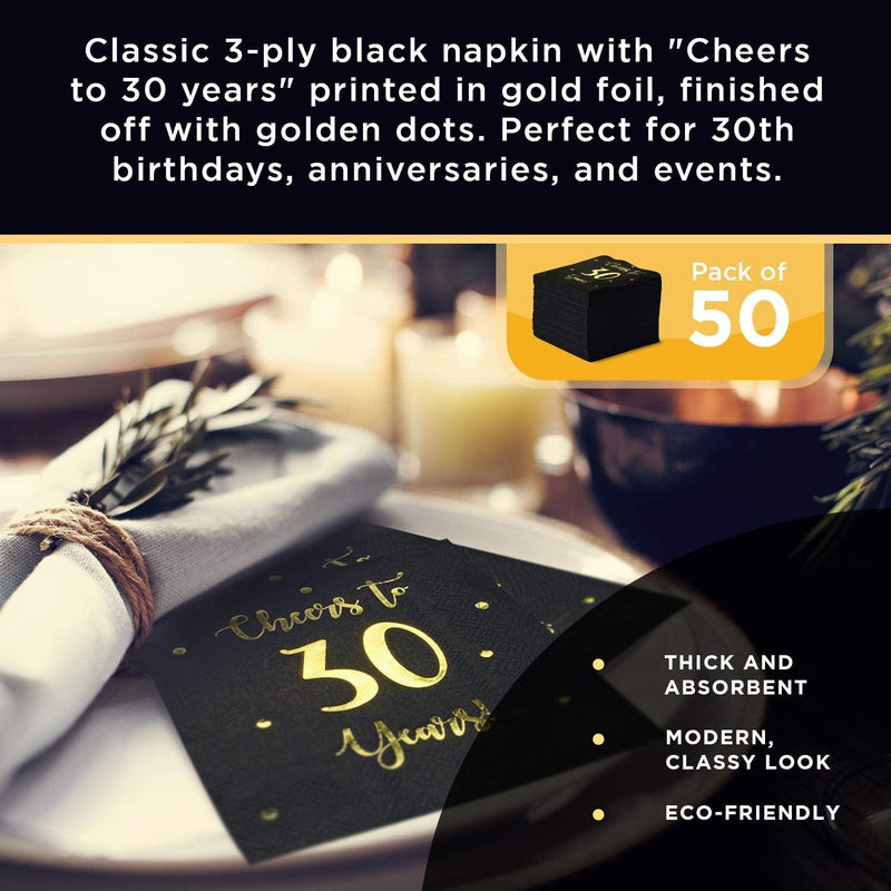 Cheers to 30 Years Cocktail Napkins | Happy 30Th Birthday Decorations for Men and Women and Wedding Anniversary Party Decorations | 50-Pack 3-Ply Napkins | 5 X 5 Inch Folded (Black) Home & Garden > Kitchen & Dining > Barware Happy Palace   
