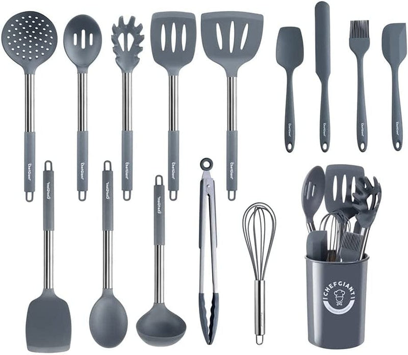 Chef Giant Silicone Kitchen Utensil Set | 15-Piece Stainless Steel Cooking Tool Kit with Holder, Spatula, Ladle, Pasta Server, Tongs, Whisk & More | Heat Resistant, BPA Free, Dishwasher Safe | Black Home & Garden > Kitchen & Dining > Kitchen Tools & Utensils ChefGiant Gray  