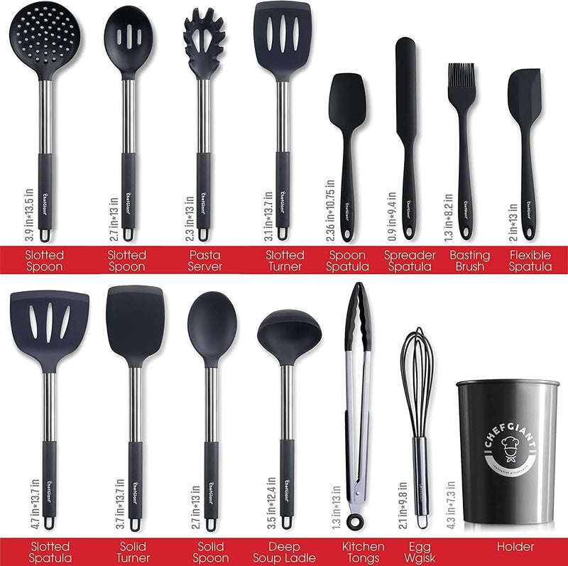 Chef Giant Silicone Kitchen Utensil Set | 15-Piece Stainless Steel Cooking Tool Kit with Holder, Spatula, Ladle, Pasta Server, Tongs, Whisk & More | Heat Resistant, BPA Free, Dishwasher Safe | Black Home & Garden > Kitchen & Dining > Kitchen Tools & Utensils ChefGiant   