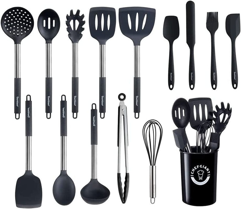 Chef Giant Silicone Kitchen Utensil Set | 15-Piece Stainless Steel Cooking Tool Kit with Holder, Spatula, Ladle, Pasta Server, Tongs, Whisk & More | Heat Resistant, BPA Free, Dishwasher Safe | Black