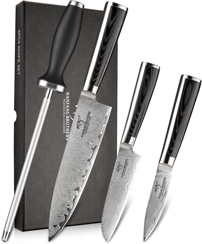 Chefs Knife Set with Gift Box, 4 Pieces Damascus Kitchen Knife Set,67 Layer VG10 Steel Professional Knife Sets for Chefs, Chef Knife Set with Non-Slip Micarta Handle, Ultra Sharp Cooking Knife Sets