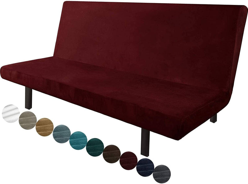 Chelzen Velvet Futon Cover High Stretch Armless Couch Covers Spandex Fabric Sofa Bed Slipcover anti Slip Furniture Protector with Elastic Bottom Machine Washable (Futon, Wine Red) Home & Garden > Decor > Chair & Sofa Cushions Chelzen Wine Red Futon 