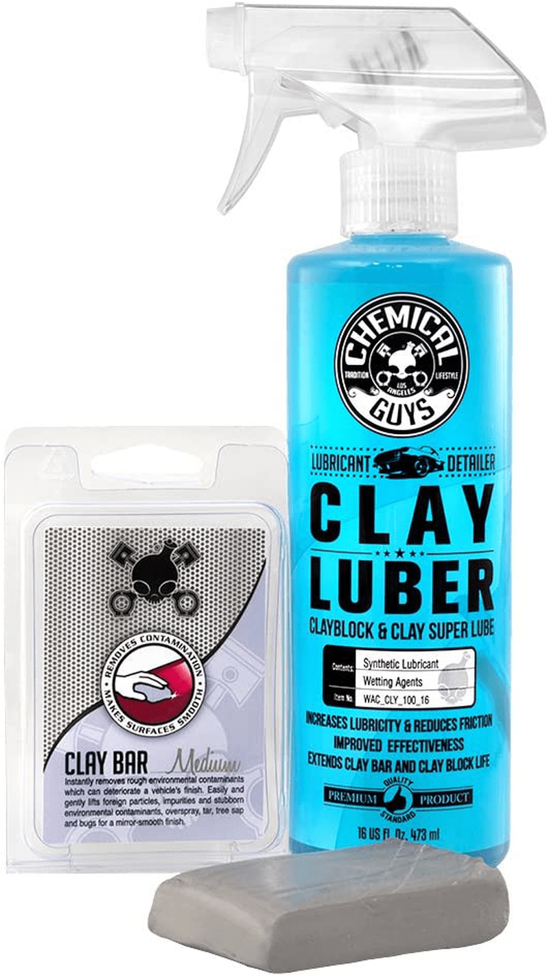 Chemical Guys CLY_KIT_1 Heavy Duty Clay Bar and Luber Synthetic Lubricant Kit (16 fl oz) (2 Items),Black  Chemical Guys Gray Clay Bar Medium w/ Luber 