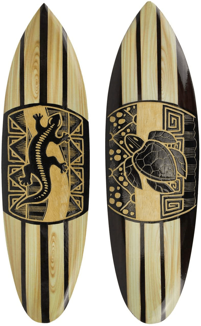Chesapeake Bay Ltd Set of 2 Hand Carved Wood Surfboards Tiki Decor Lizard Turtle Wall Hanging Art Home & Garden > Decor > Artwork > Sculptures & Statues Chesapeake Bay Ltd Brown  