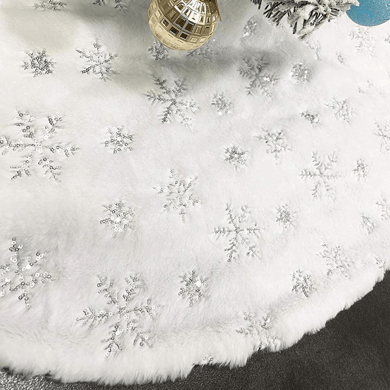 CHICHIC 48 Inch Large Christmas Tree Skirt White Tree Skirt Xmas Faux Fur Tree Skirts Christmas Decorations for Holiday Tree Ornaments Christmas Party Home Decorations with Sequin Silver Snowflakes Home & Garden > Decor > Seasonal & Holiday Decorations > Christmas Tree Skirts CHICHIC Silver  