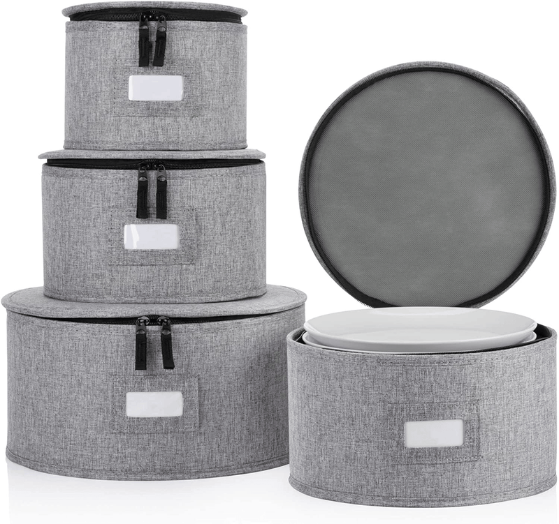 China Storage Containers - Set of 4 Quilted Cases for Dinnerware Storage - Hard Shell and Stackable Sizes: 12" - 10" - 8.5" and 7" Long - Gray - 48 Felt Plate Separators Included