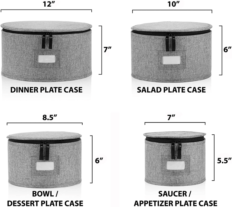 China Storage Containers - Set of 4 Quilted Cases for Dinnerware Storage - Hard Shell and Stackable Sizes: 12" - 10" - 8.5" and 7" Long - Gray - 48 Felt Plate Separators Included