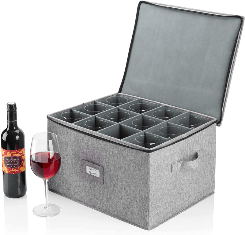 China Storage Containers - Set of 4 Quilted Cases for Dinnerware Storage - Hard Shell and Stackable Sizes: 12" - 10" - 8.5" and 7" Long - Gray - 48 Felt Plate Separators Included Home & Garden > Kitchen & Dining > Food Storage STOZU Wine Glass Storage  