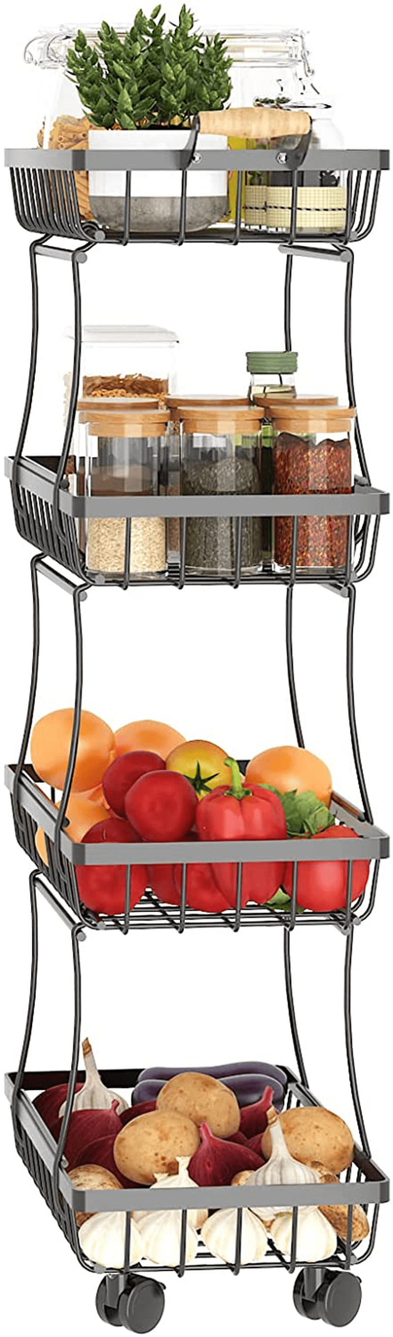 CHLORYARD Fruit Basket for Kitchen, Detachable 5-Tier Stackable Baskets with Tabletop, Wire Organizer Basket with Wheels, Kitchen Storage Cart for Onions and Potatoes, Produce Storage Bins for Pantry Home & Garden > Kitchen & Dining > Food Storage CHLORYARD 4 layer basket  