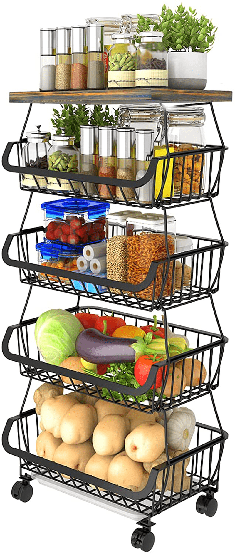 CHLORYARD Fruit Basket for Kitchen, Detachable 5-Tier Stackable Baskets with Tabletop, Wire Organizer Basket with Wheels, Kitchen Storage Cart for Onions and Potatoes, Produce Storage Bins for Pantry Home & Garden > Kitchen & Dining > Food Storage CHLORYARD 5 layer basket with table  