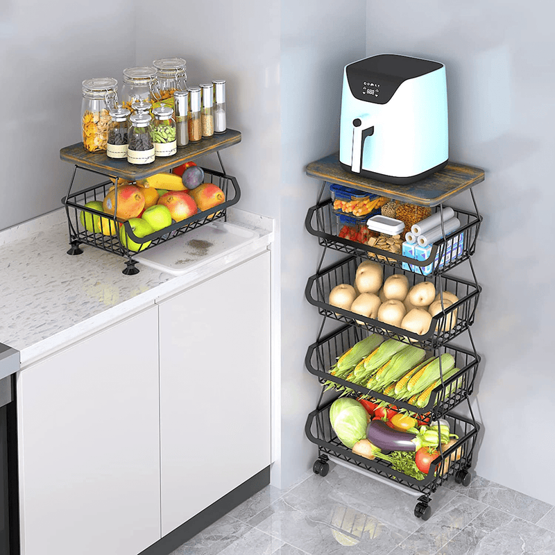 CHLORYARD Fruit Basket for Kitchen, Detachable 5-Tier Stackable Baskets with Tabletop, Wire Organizer Basket with Wheels, Kitchen Storage Cart for Onions and Potatoes, Produce Storage Bins for Pantry Home & Garden > Kitchen & Dining > Food Storage CHLORYARD   