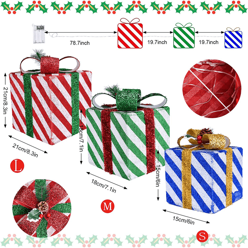 Christmas Decorations Lighted Gift Boxes,Light Up Gift Box for Indoor Outdoor Xmas Tree Party Holiday Decor (Max. Size 8.3" x 8.3" ) Artificial Christmas Decor 3-Piece Set Gift Boxes. Home & Garden > Decor > Seasonal & Holiday Decorations& Garden > Decor > Seasonal & Holiday Decorations Likeny   
