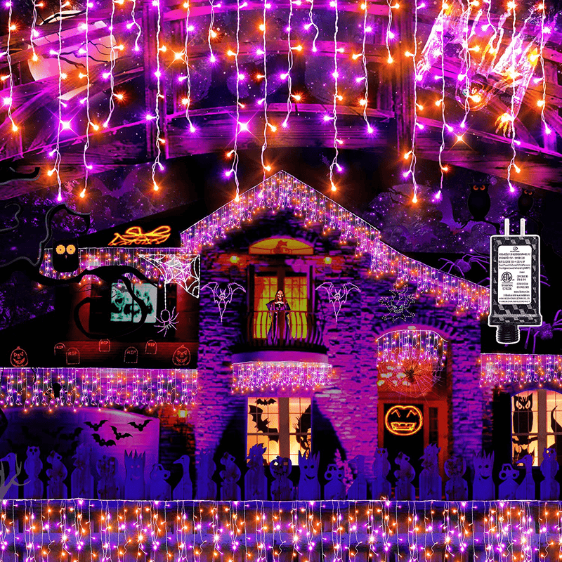 Christmas Decorations Lights Outdoor, 400 LED 32.8 FT 8 Modes 75 Drops Fairy String Curtain Lights for Christmas Decor Eaves Window Party Yard Garden Indoor (Cold White) Home & Garden > Decor > Seasonal & Holiday Decorations& Garden > Decor > Seasonal & Holiday Decorations Linhai Baoguang Lighting Co.,Ltd Purple+orange 800LED 66FT 