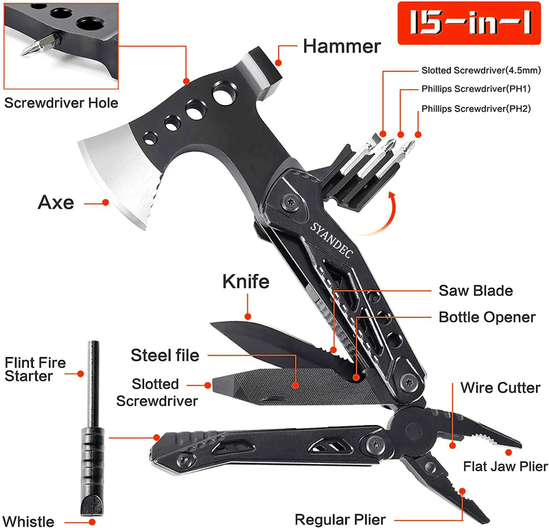 Christmas Gifts for Men Dad Husband, Camping Multitool, All in One Hatchet Survival Gear W Hammer Screwdrivers Pliers Bottle Opener Durable Sheath, Birthday Hunting Hiking (Without Pocket Bellow)
