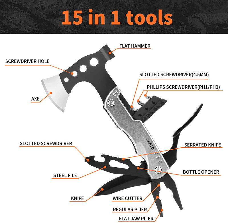 Christmas Gifts for Men Dad Husband, Multitool Camping Accessories 15 in 1 Hatchet with Axe Hammer Knife Pliers Screwdrivers Saw Bottle Opener, Cool Gadget for Outdoor Camping Hiking, Emergency Sporting Goods > Outdoor Recreation > Camping & Hiking > Camping Tools GAAZO   