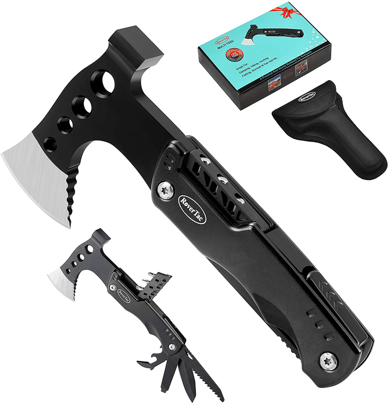 Christmas Gifts for Men Dad Husband Stocking Stuffers Rovertac Multitool Camping Hatchet 11 in 1 Upgraded Multi Tool with Hammer Knife Saw Screwdrivers Bottle Opener Safety Lock Durable Sheath Sporting Goods > Outdoor Recreation > Camping & Hiking > Camping Tools RoverTac Black  