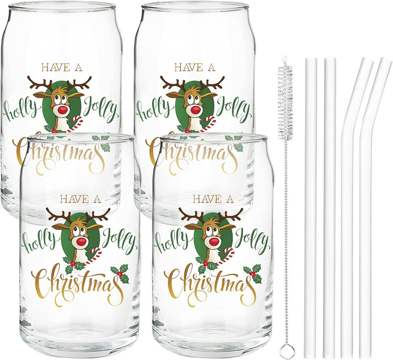 Christmas Glass Gifts Set of 4 - 16Oz Beer Mug Jar Glass Tumbler with Glass Straw and Cleaning Brush, Perfect for Gifts for Women, Man,Best Friend, Coworker Christmas Gifts Home & Garden > Kitchen & Dining > Tableware > Drinkware Flhivsa Christmas Glass Set of 4 - 16oz  